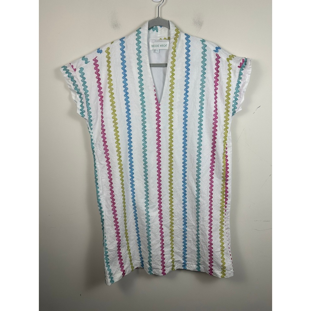Brooke Wright Shift Dress Womens L White Multi Stripe Excellent Cotton Linen